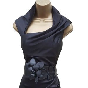 10 UK KAREN MILLEN Black Satin Corsage Leather Belt Pencil Dress Wedding Guest